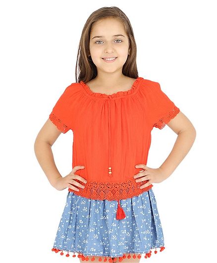 One Friday Half Sleeves Lace At Front Top - Orange
