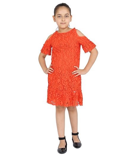 One Friday Cold Shoulder Half Sleeves Flower Lace Detailed Dress - Orange
