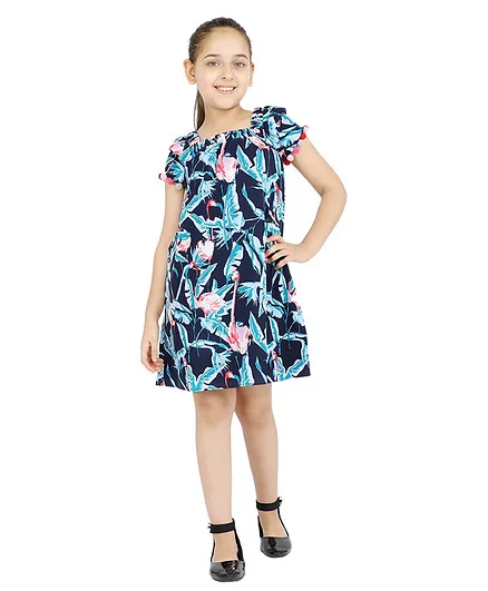 One Friday Cap Sleeves Leaves Printed Dress - Blue