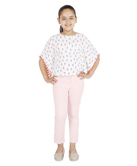 One Friday Half Sleeves Lemon Printed Kaftan Top- Coral & White