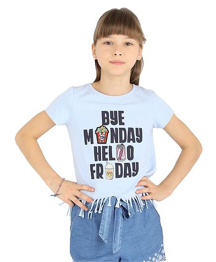One Friday Short Sleeves Text Print Fringed Hem Top - Blue