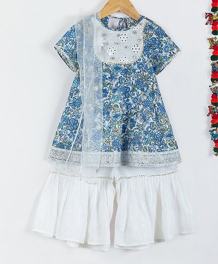 Little Bansi Jodhpuri Dress Style Short Sleeves Kurta With Sharara & Gunghroo Dupatta - Blue & White