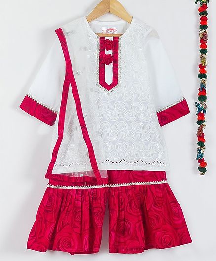 Little Bansi Full Sleeves Sequin Work Kurta With Dupatta & Rose Flower Print Sharara - White & Red