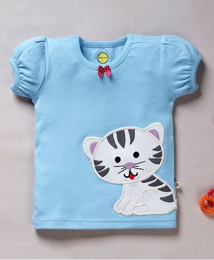 Pranava Organic Cotton Short Puff Sleeves Cat Patch Top - Blue