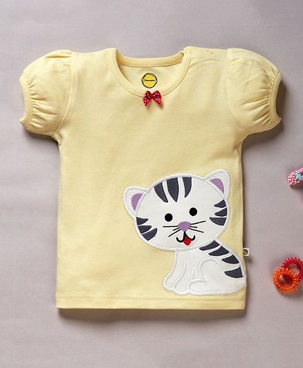Pranava Organic Cotton Short Puff Sleeves Cat Patch Top - Yellow