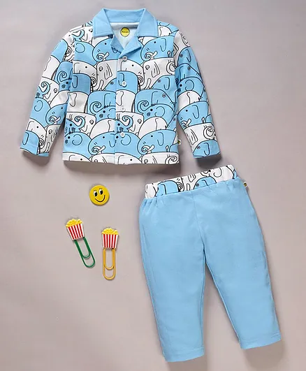 Pranava Organic Cotton Full Sleeves Elephant Printed Night Suit - Sky Blue & White