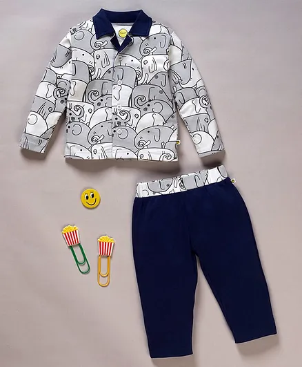 Pranava Organic Cotton Full Sleeves Elephant Printed Night Suit - Grey & Navy Blue