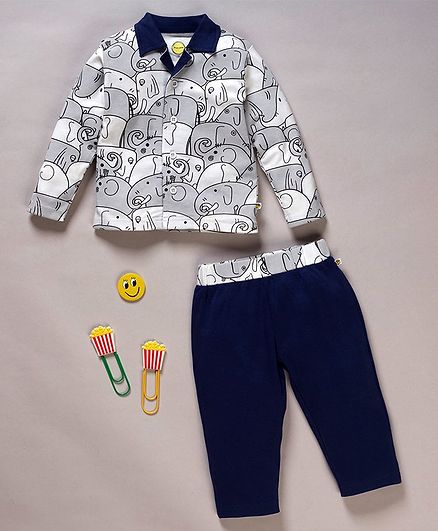 Pranava Organic Cotton Full Sleeves Elephant Printed Night Suit - Grey & Navy Blue