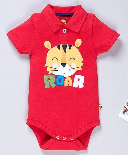 Pranava Organic Cotton Half Sleeves Tiger Printed Onesie - Red