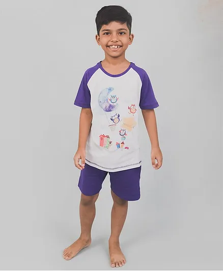 Nap Chief Organic Cotton Owl Print Half Sleeves Tee With Shorts - Blue