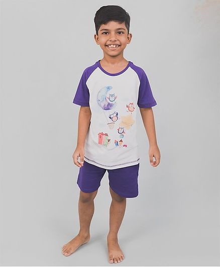 Nap Chief Organic Cotton Owl Print Half Sleeves Tee With Shorts - Blue