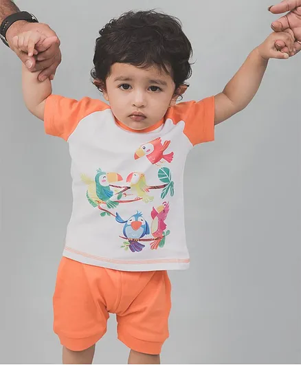 Nap Chief Organic Cotton Birds Print Half Sleeves Tee With Shorts - Orange