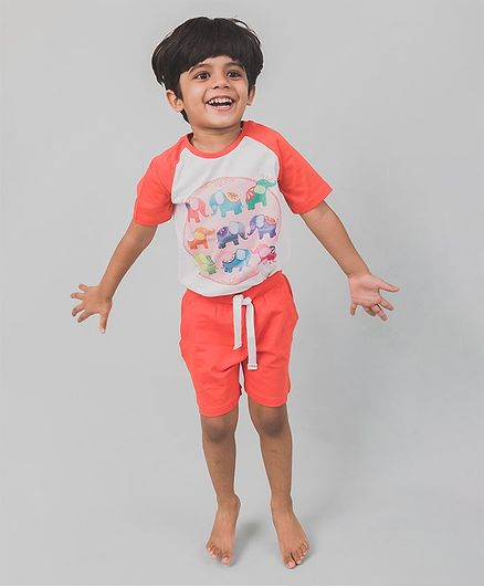 Nap Chief Organic Cotton Elephant Print Half Sleeves Tee With Shorts - Peach