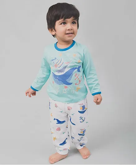 Nap Chief Organic Cotton Nautical Print Full Sleeves Night Suit - Blue