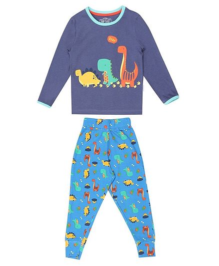Nap Chief Organic Cotton Dino Print Full Sleeves Night Suit - Blue