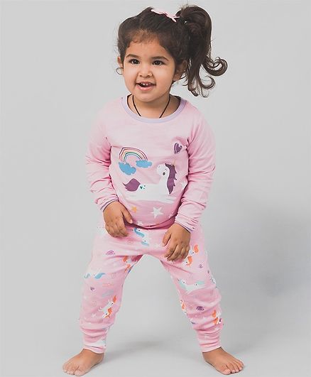 Nap Chief Organic Cotton Unicorn Print Full Sleeves Night Suit - Pink