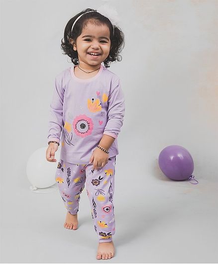 Nap Chief Organic Cotton Flower Printed Full Sleeves Night Suit - Lavender