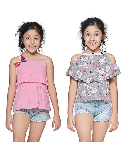 Cutiekins Pack Of Two Half Sleeves Solid & Flower Printed Top - Pink & Grey
