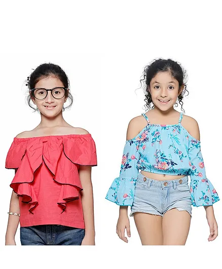 Cutiekins Pack Of Two Half Sleeves Solid & Flower Printed Top - Peach & Blue