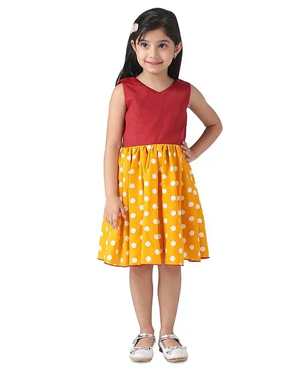 Samsara Couture Sleeveless Dots Printed Flared Dress - Red & Yellow