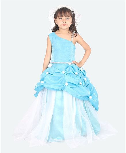 Samsara Couture Sleeveless Small Flowers Detailed Flared Netted Gown - Sky Blue