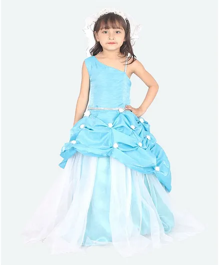 Samsara Couture Sleeveless Small Flowers Detailed Flared Netted Gown - Sky Blue