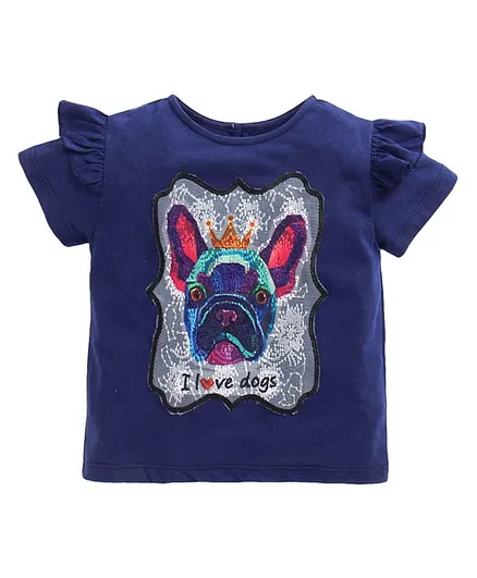 Tiara Half Sleeves Cat Patch Detailing Tee - Blue