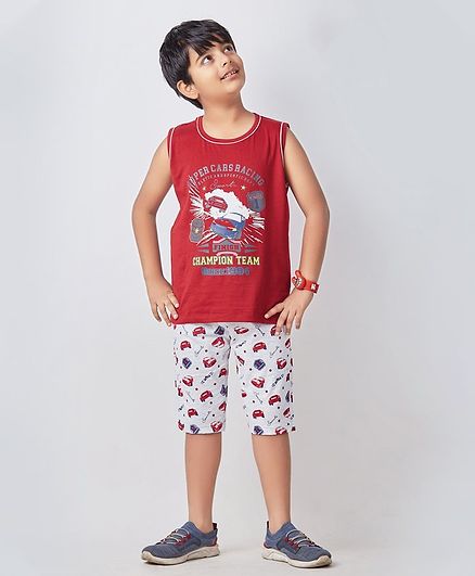 Soft Touche Car Print Sleeveless Night Suit - Red
