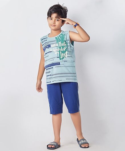 Soft Touche Text Print Sleeveless Night Suit - Light Blue