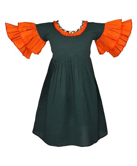 Tutus By Tutu Khadi Three Fourth Contrast Ruffle Detailed Sleeves Dress - Dark Grey