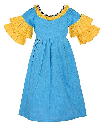 Tutus By Tutu Khadi Three Fourth Sleeves Ruffled Dress - Blue