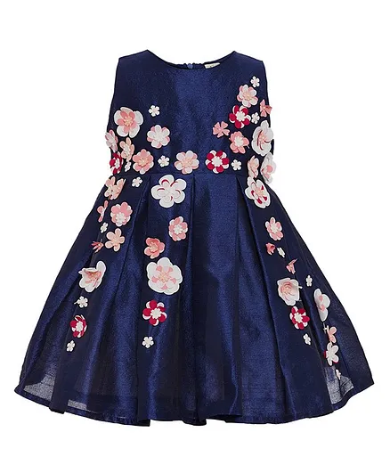 A Little Fable Flower Embellished Sleeveless Dress - Navy Blue