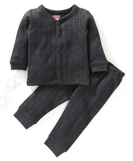 Babyhug Full Sleeves Thermal Vest & Bottoms - Dark Grey