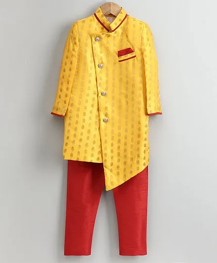 Babyhug Full Sleeves Embroidered Sherwani - Yellow Maroon