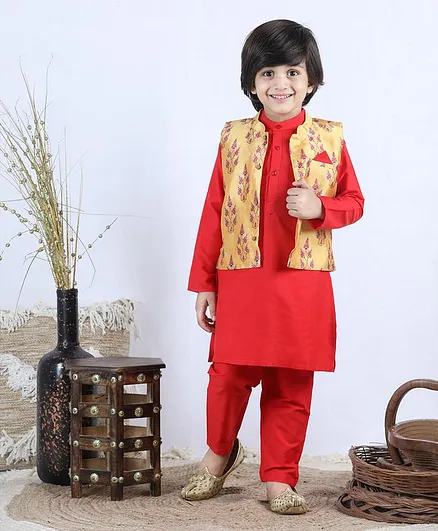 Babyhug Full Sleeves Kurta and Pajama Set with Printed Jacket - Red