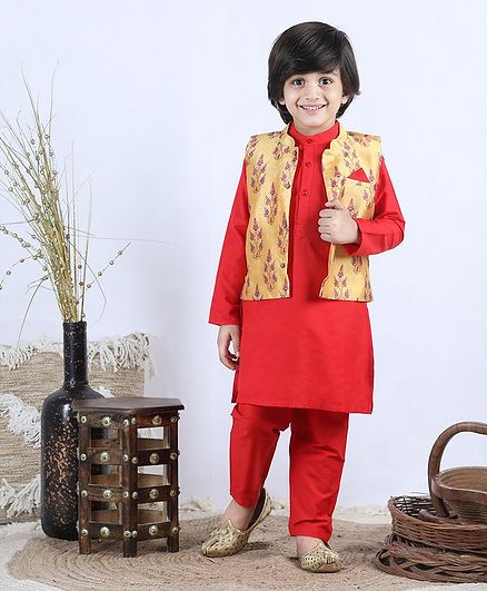Babyhug Full Sleeves Kurta and Pajama Set with Printed Jacket - Red