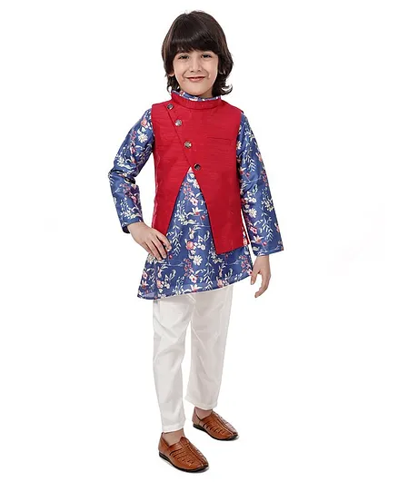 Babyhug Full Sleeves Asymmetric Kurta & Pyjama With Jacket Floral Print - Blue White Red