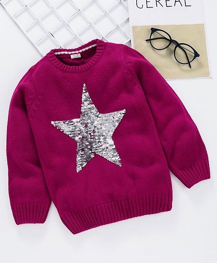 Babyhug Full Sleeves Sweater Star Reversible Sequin Design - Pink