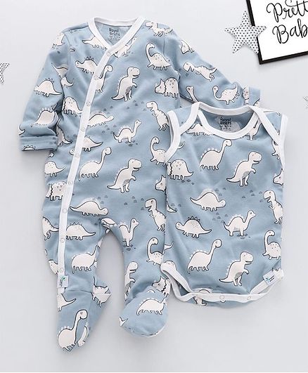 ROYAL BRATS Dinosour All Over Print Full Sleeves Onesie & Romper Set - Blue & White