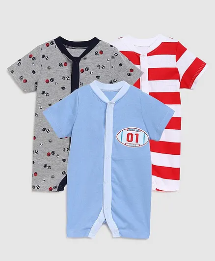 Zonko Style Half Sleeves Pack Of 3 Striped Romper - Grey Red & Blue