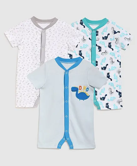Zonko Style Half Sleeves Pack Of 3 Dinosaur Printed Romper - Blue & White
