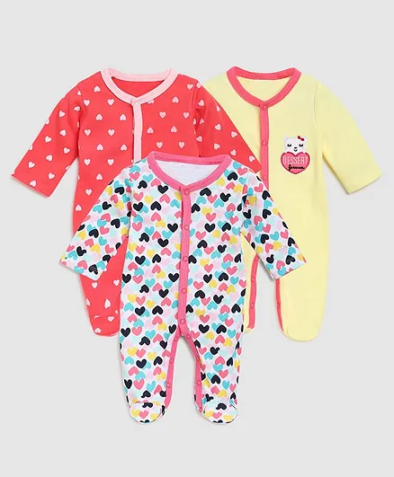 Zonko Style Full Sleeves Pack Of 3 Heart Printed Footed Sleepsuit - Red White & Yellow