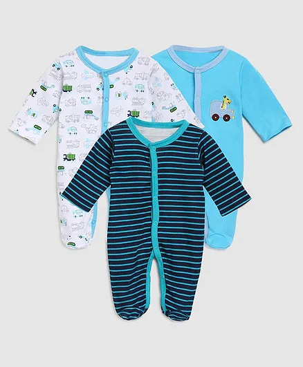 Zonko Style Full Sleeves Plane Printed Footed Sleepsuit - Blue & White