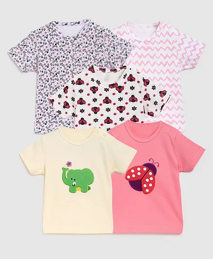 Zonko Style Half Sleeves Pack Of 5 Elephant Patch T-Shirt - Pink White & Yellow