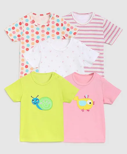 Zonko Style Pack Of 5 Half Sleeves Snail Patch T-Shirt - White Pink & Yellow