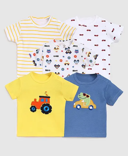 Zonko Style Pack Of 5 Half Sleeves Vehicle Printed T-Shirt - White Blue & Yellow