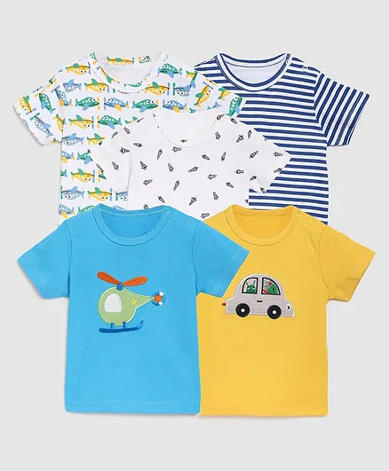 Zonko Style Pack Of 5 Half Sleeves Striped T-Shirt - White Yellow & Blue