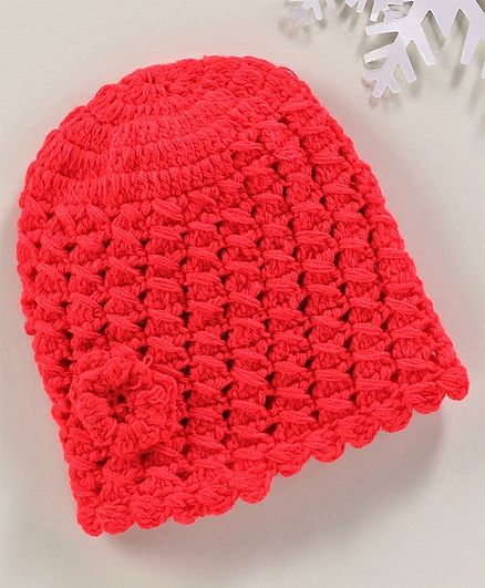 Babyhug Solid Crochet Cap Red - Diameter 11 cm