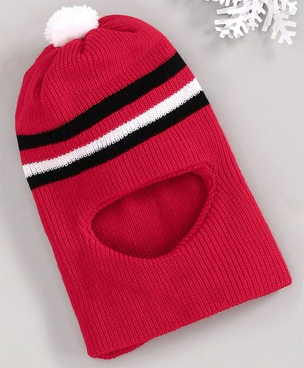 Babyhug Striped Woolen Monkey Cap Red - Diameter 11 cm