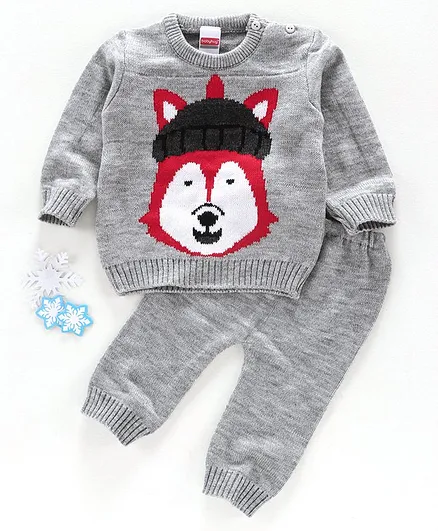Babyhug Full Sleeves Sweater & Pajama Set Puppy Design - Grey